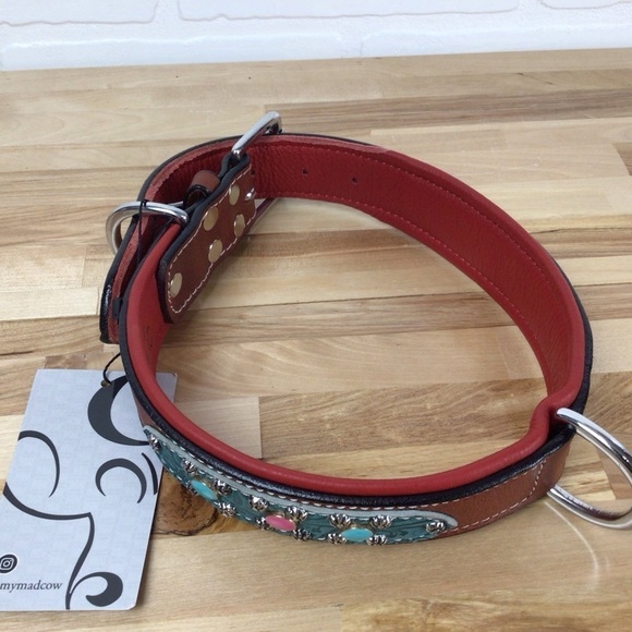 Mad Cow genuine leather jewelry dog collar handmade red pink turquoise studded - Picture 7 of 16